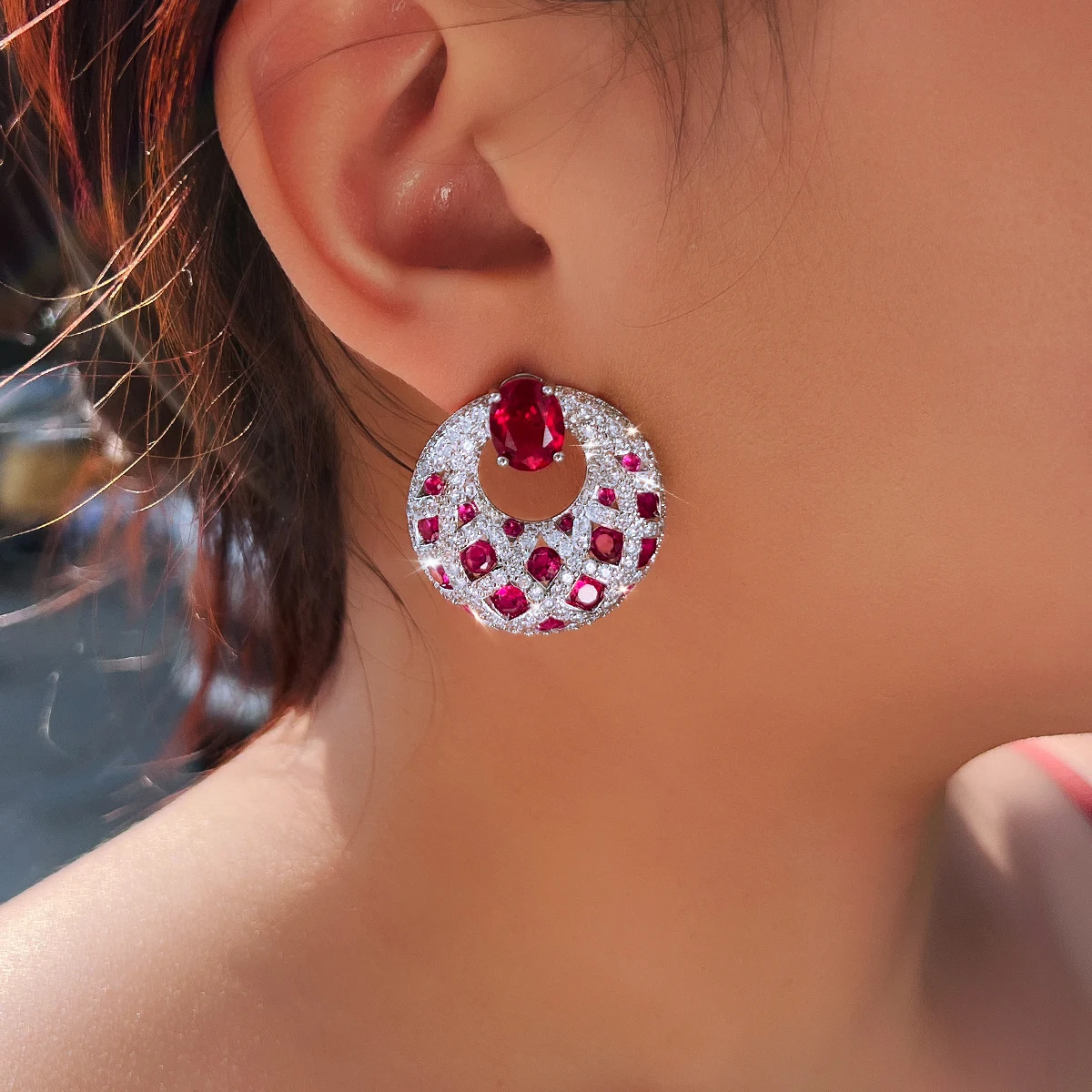 CWWZircons Top Hot Luxury Pink Red Cubic Zirconia Big Round Party Drop Earrings for Women Christmas Jewelry Festive Gifts E0838