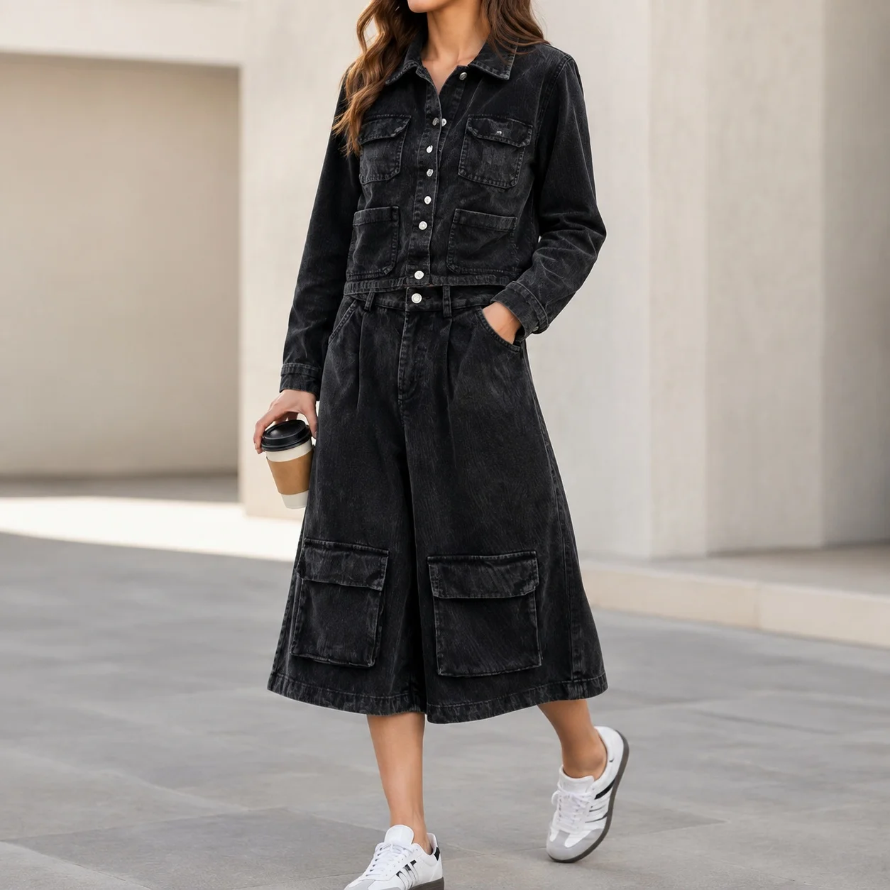 Button Casual Loose Set with Streetwear Cropped Pants Pocket Washed Jacket Turn Down Collar Water Washed 3D Effect for Women