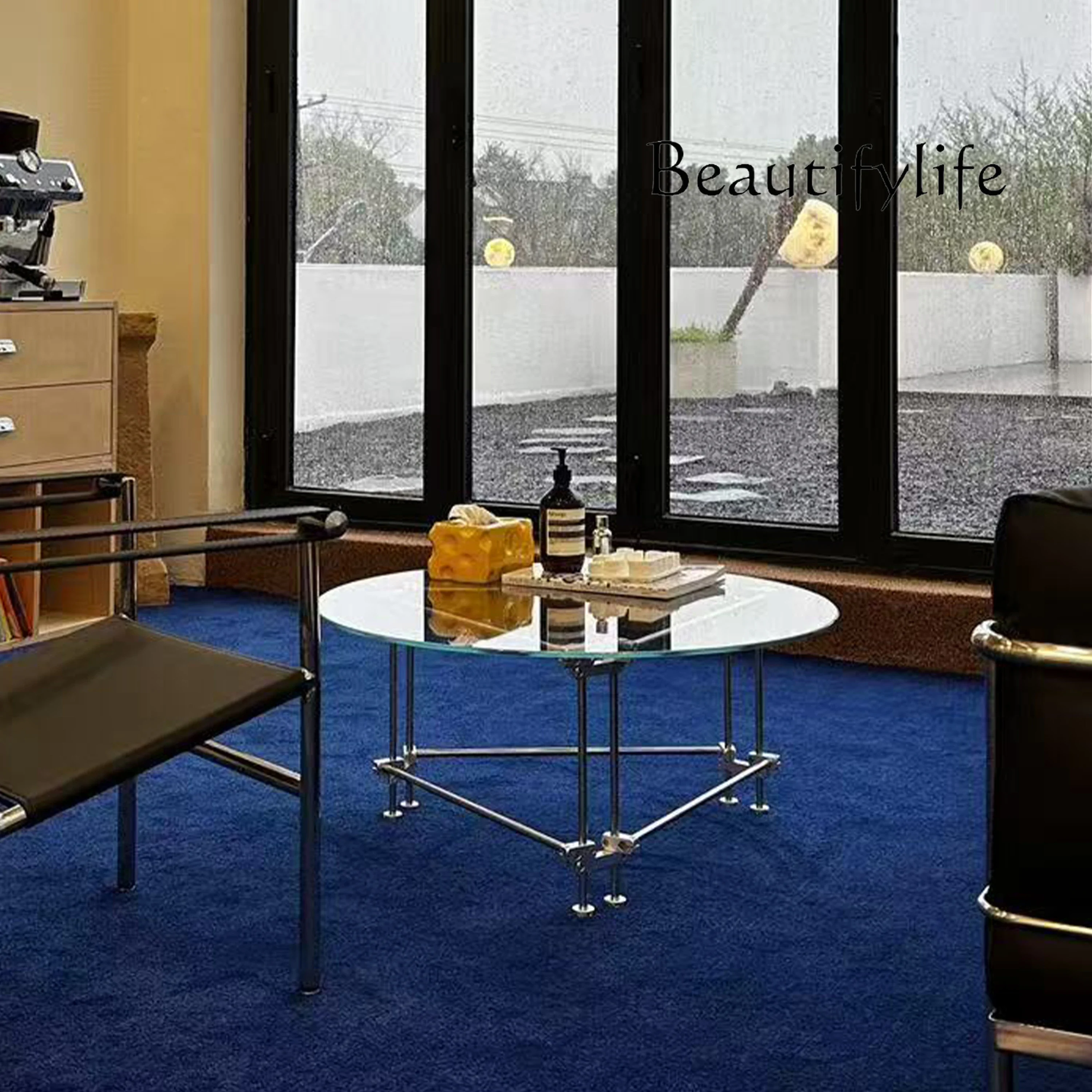 Vv Iron Triangle Stainless Steel Metal Round Glass Advanced Extremely Simple Living Room Coffee Table Designer Creativity