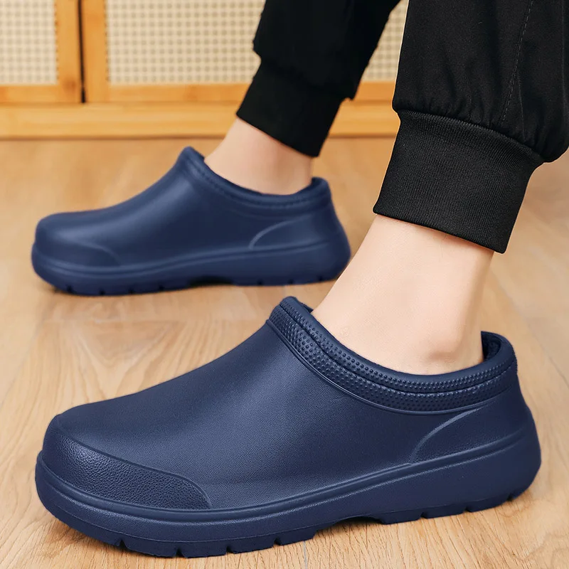 Winter EVA Men's Slippers Plush Warm Waterproof Oil-proof Men Chef Shoes Non-slip Kitchen Work Shoes Couple Home Soft Sole Shoes