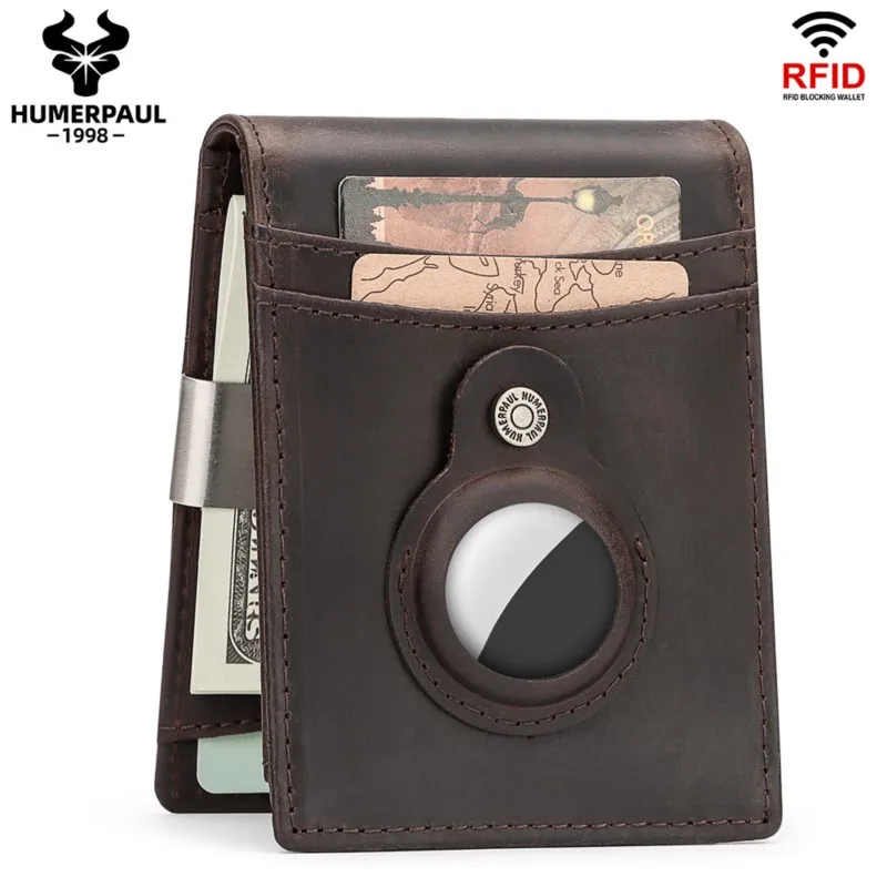 Men's High-end Genuine Leather Wallet RFID Blocking Top Layer Cowhide Multi-Slot Card Holder with Airtag Hole Billeteras Hombre