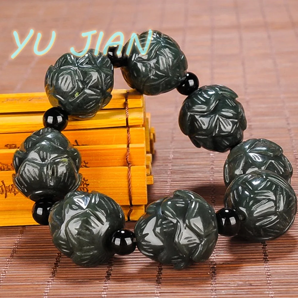 

Hetian Sapphire Bracelet Qing-jade Lotus Jade Bangle Men Women Natural Jadeite Round Beads Handring Exquisite Chain Jewelry