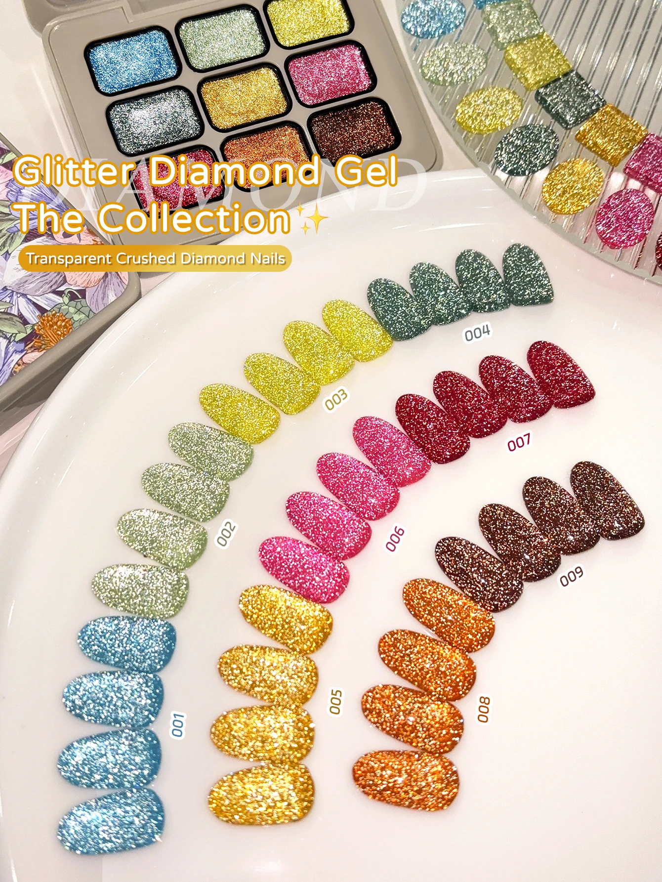 

MORDDA 9-Color Glitter Diamond Gel Collection - Professional Nail Art Set with Transparent Crushed Diamonds