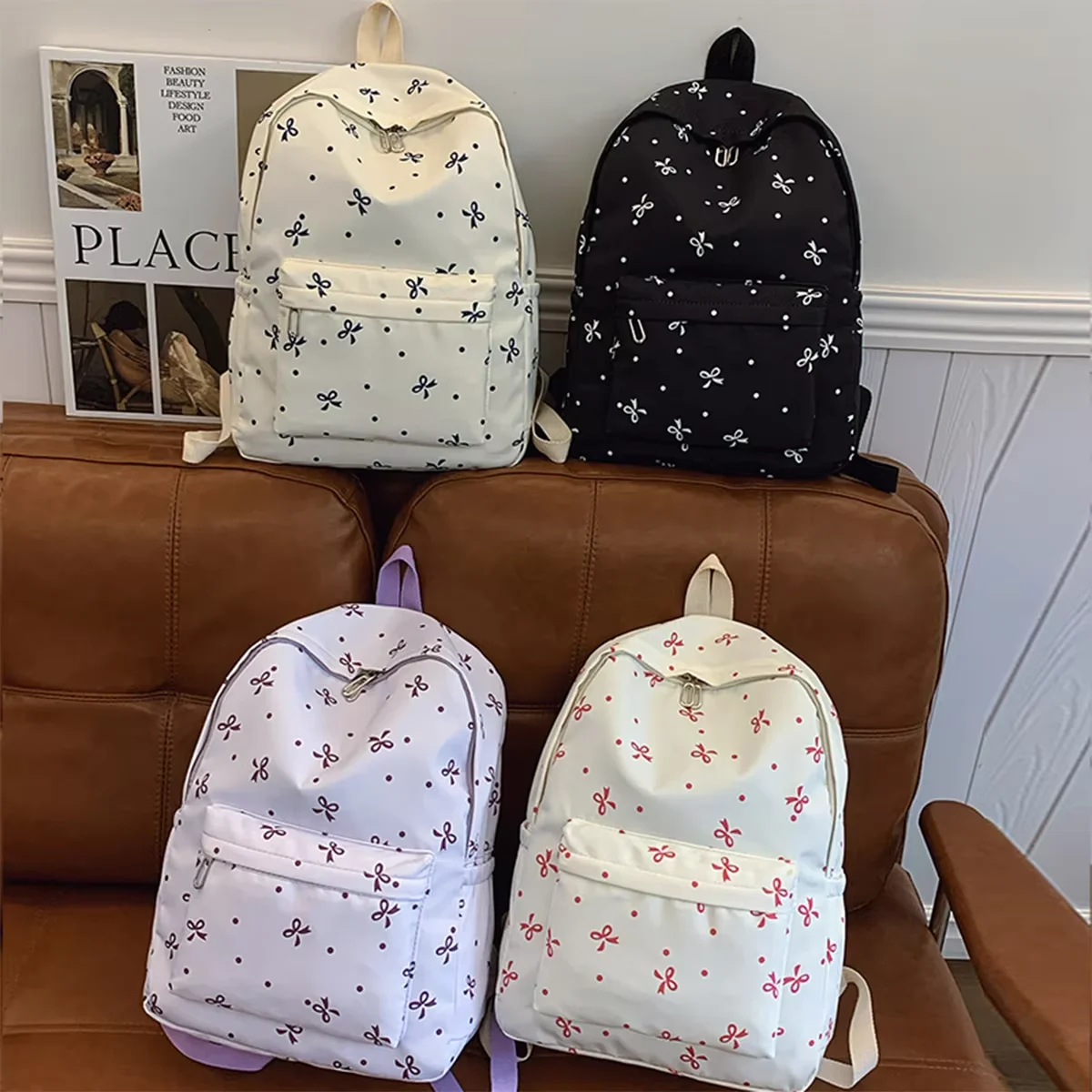 Nylon Material Bow Print Backpack Quilted Design Multi-Pocket Large Capacity School Bag Adjustable Straps Reinforce Structure