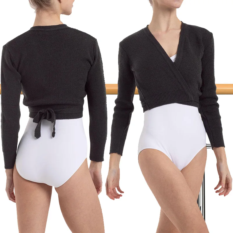 ﻿   Leotardos de baile de Ballet de manga larga con cuello en V para mujer, suéter envolvente de baile gimnástico para niños y adultos con correa en la cintura, suéter de baile