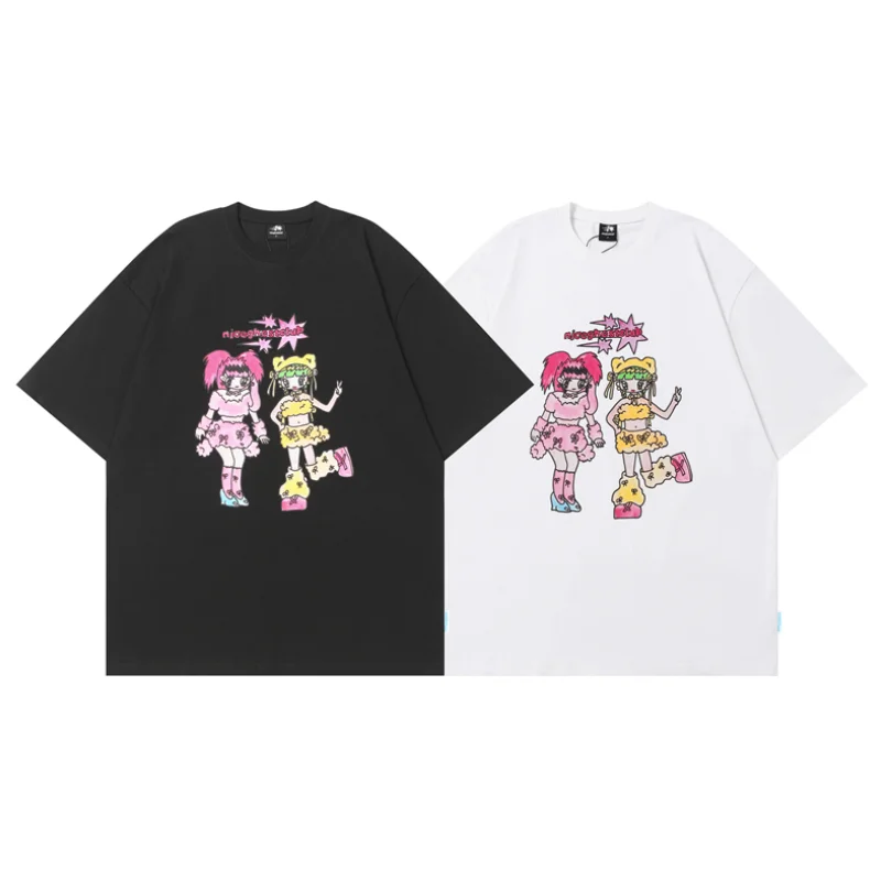 

Korean Style Niceghostclub Short Sleeve Retro Loose Cute Girl Graffiti Print Tops Tee Men Women Round Neck Casual T-shirt