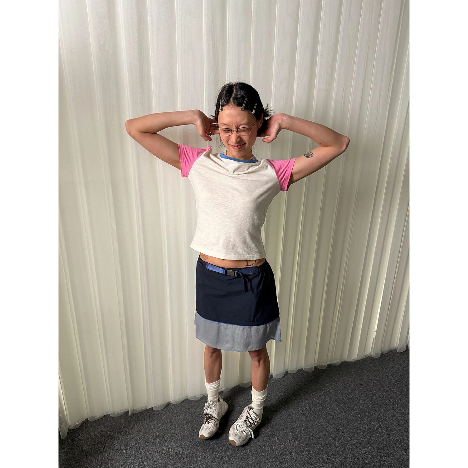 Slim Fit Short Sleeve T-Shirt Sakura Candy Color Splice Bamboo Texture Micro Translucent Shoulder Women's Casual Style round ...