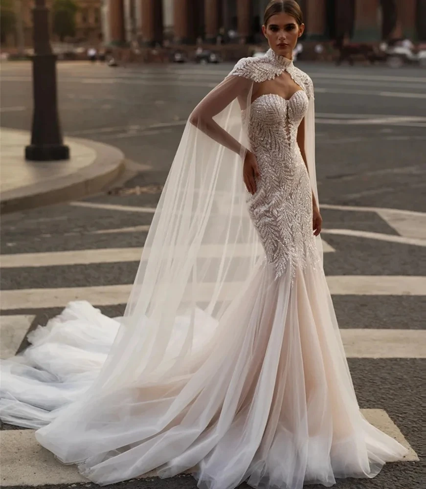 Customized Sweetheart Mermaid Tulle Wedding Dress Pearl Pleated Zipper Back Detachable Shawl Chapel Train Floor Bridal Gown