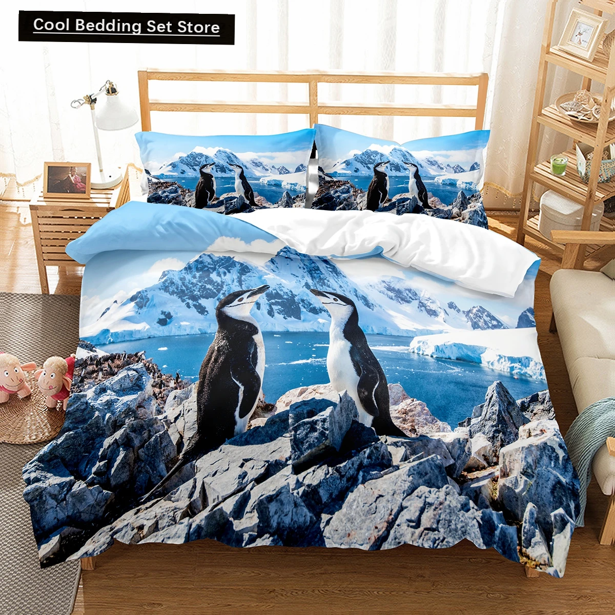 Poliéster Cobertura Consolador, Ice Silk Quilt Cover, Pinguim Bedding Set, King and Queen Duvet Cover, Lovely Iceberg Paisagem