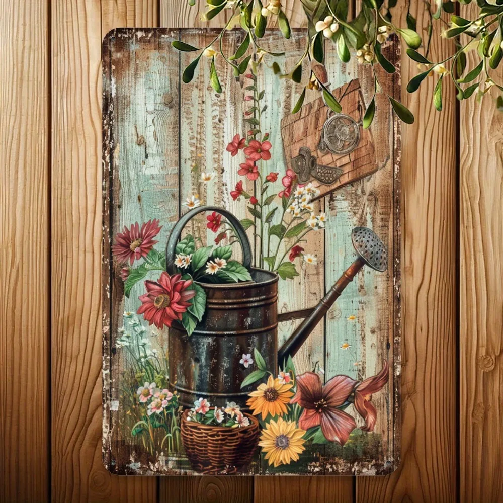 Vintage Garden Watering Can Floral Iron Metal Tin Sign 8x12inch Rustic Wall Decor Plaque for Patio Cafe