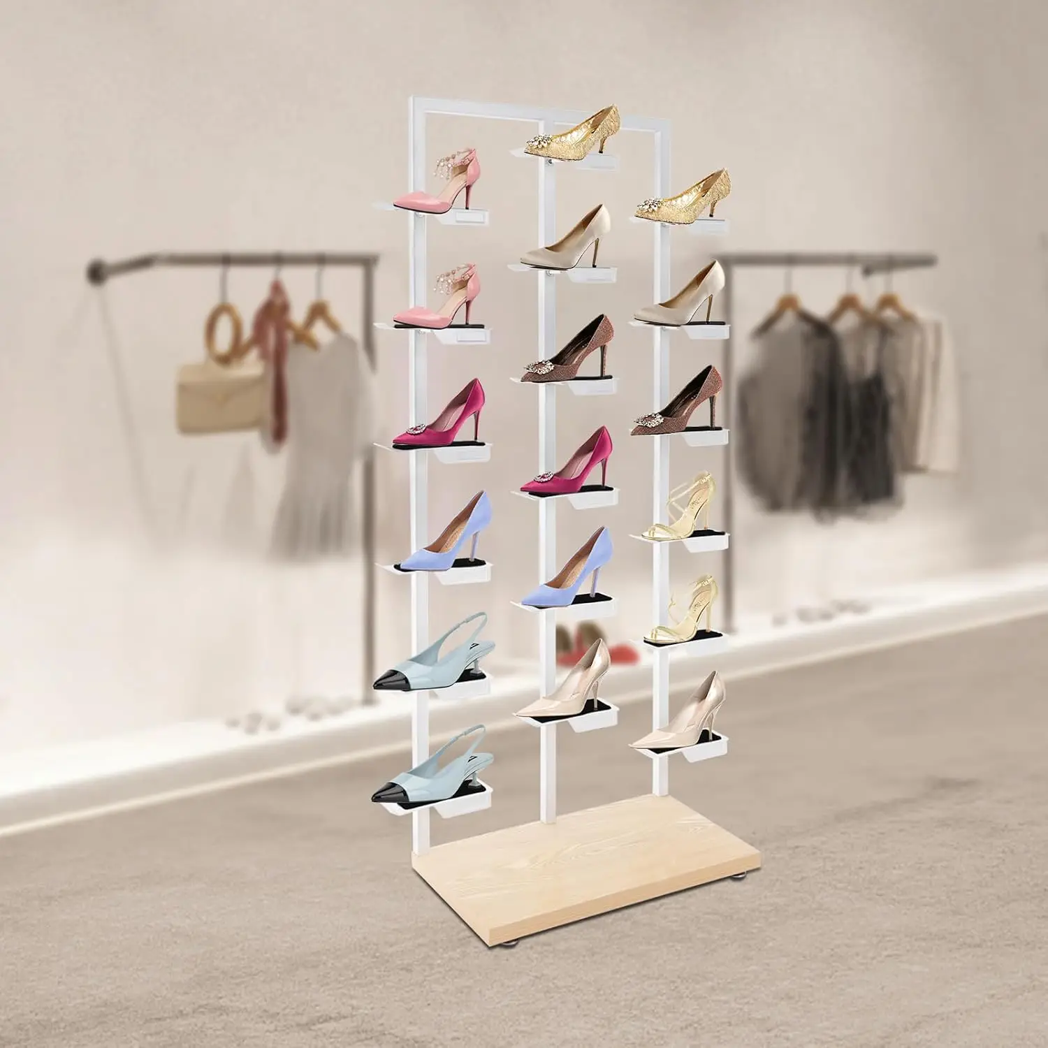 Commercial Shoe Rack Display Shelf Organizer Metal Sneaker Stand for Clothing Store Boutique Home White Wood, Customized