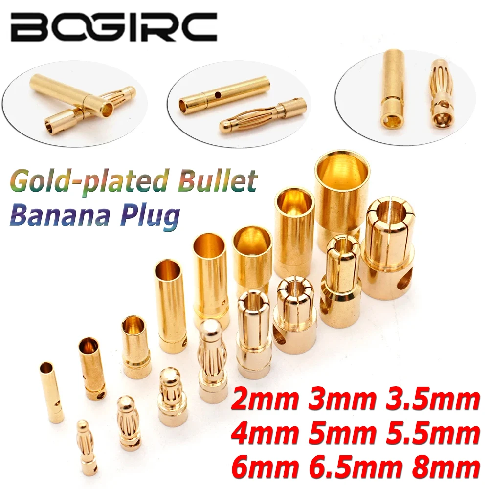 

BOGIRC Male Female Bullet Banana Connector 2mm 3mm 3.5mm 4mm 5mm 5.5mm 6mm 6.5mm 8mm RC Battery Gold-plated Bullet Banana Plug