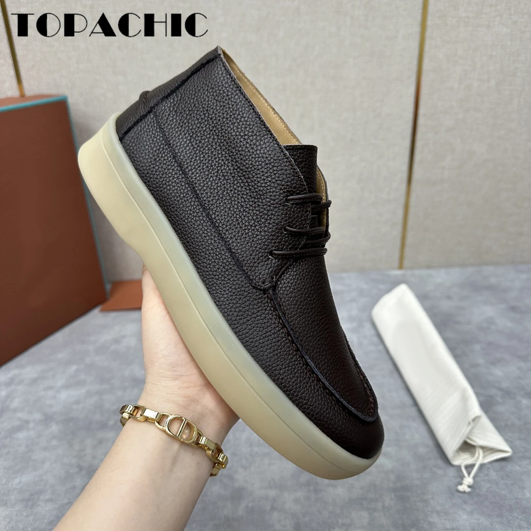 11.18 TOPACHIC Men\'s High-Top Vulcanize Shoes Genuine Leather Soft Rubber Outsole Round Toe Casual Shoes