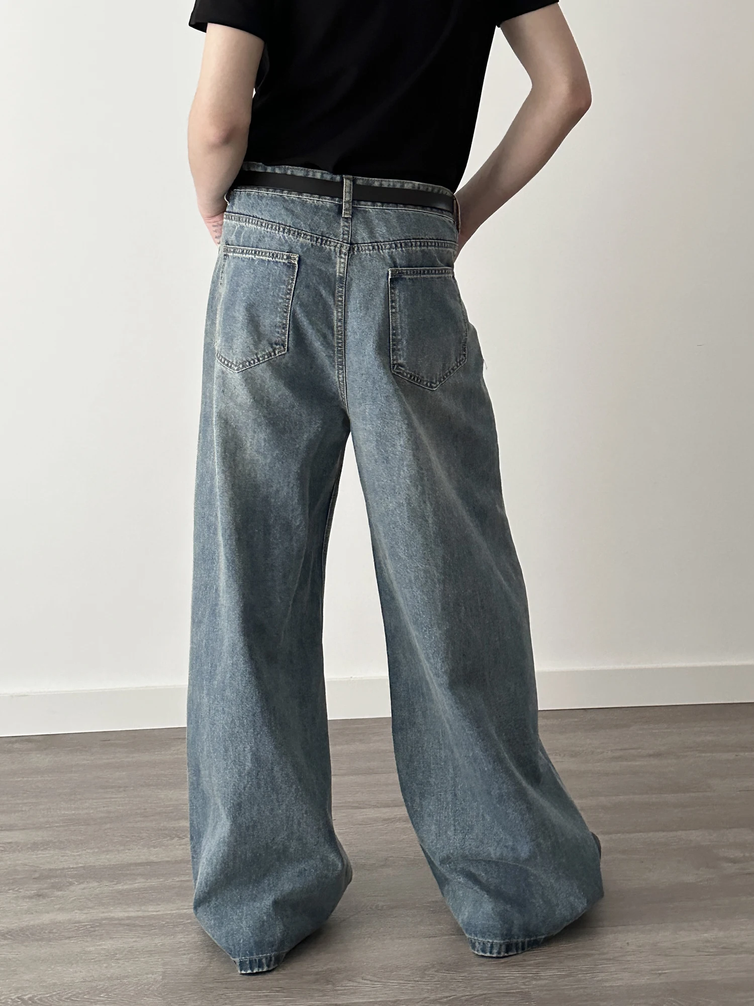 2025 여름 신상 미국 스타일 홀 데님 남성 레트로 루즈핏 하이 스트릿 데님 바지 남성 멋진 스트레이트 와이드 레그 데님 팬츠