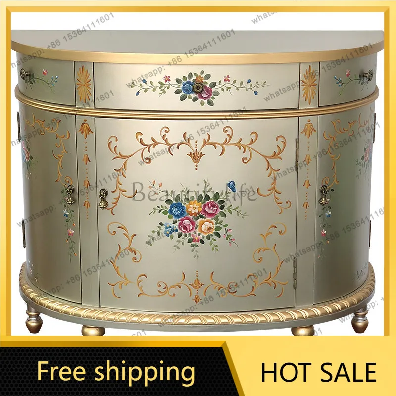 XX. American retro painted foyer entrance cabinet New Chinese style semi-circular storage decorative cabinet against the wall