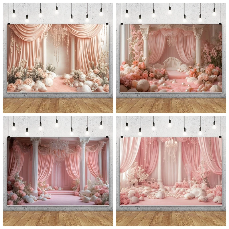 

Pink Curtain Flowers Wedding Backdrop Baby Girl's Birthday Bar Mitzvah Portrait Photographic Background For Photo Studio Shoot