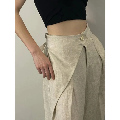 Imagen 2 del producto Pantalones de pierna ancha para mujer, ropa de calle, pantalones holgados de lino plisados a la moda, Pantalones rectos de diseño informal de cintura alta coreanos de verano, novedad