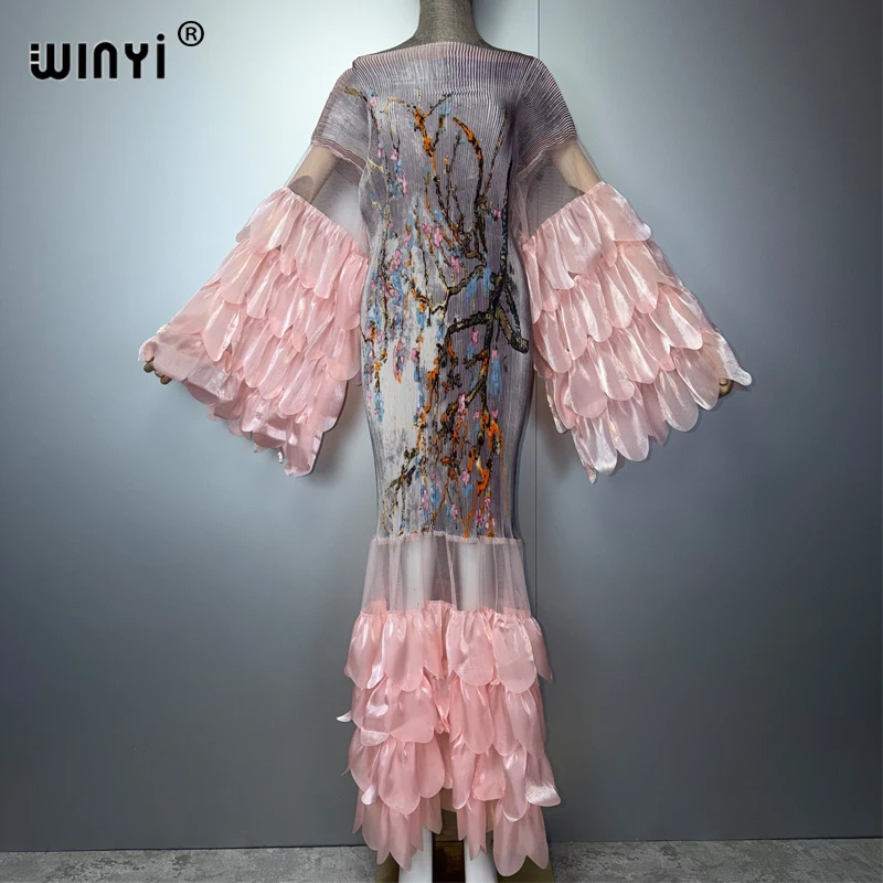 WINYI Pleated Elastic Slim Dress Beach Cover up Kaftan Abaya for Muslim Women Dubai Luxury Party Fashion Evening Gown