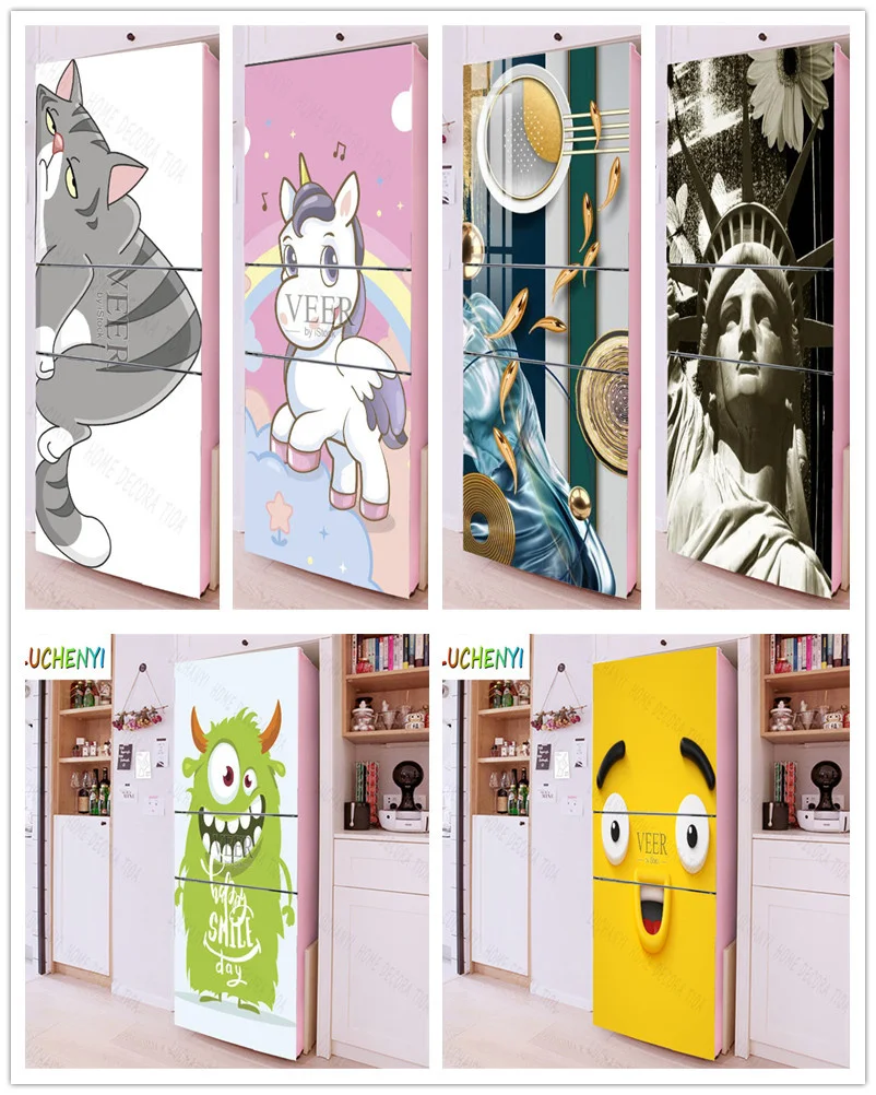 Papel de parede grey cat pony goldfish green leaf refrigerator sticker  door stickerkitchen fridge wallpaper mural , home decor