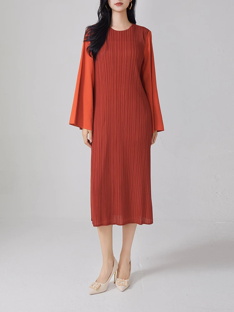 Miyake Autumn Product Pleated Simple Commuter Solid Color Dress Horn Sleeve Loose Long Sleeve Split Long Dresses Women Clothing