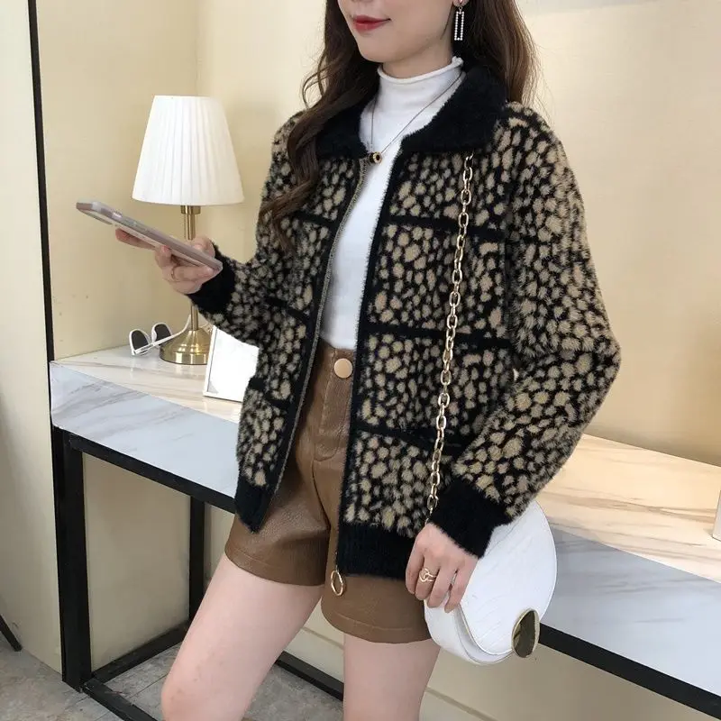 Leopard Cardigan Women's Square Collar Autumn Winter New Korean Patchwork Long Sleeved Zipper Loose Thick Knitted Sweater Coats