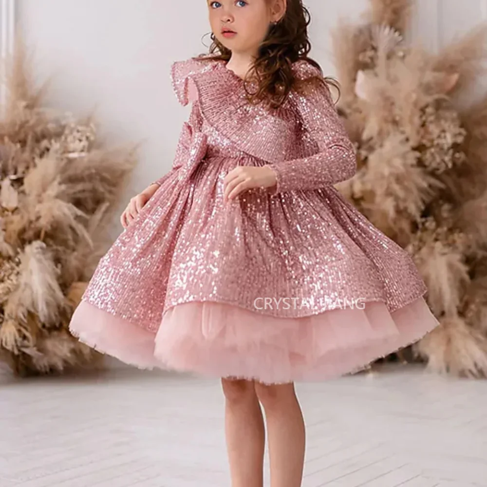 Elegant Short Glitter Pink Jewel Neck Sequin Tulle Flower Girl Dresses فستان اطفال بنات للعيد Full Sleeves Ball Gown