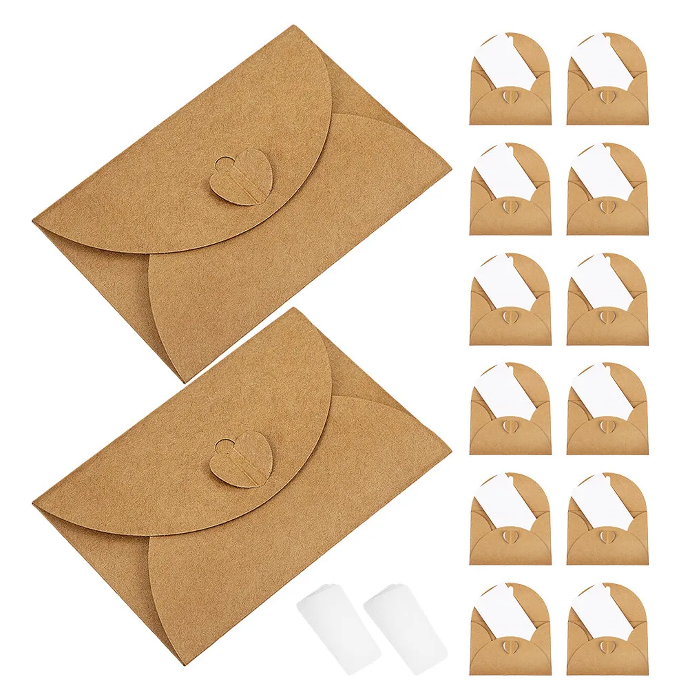 30Sets Heart Clasp Kraft Mini Envelopes Credit Card Size Blank Cards Vintage Small Envelopes Wedding Birthday Party DIY