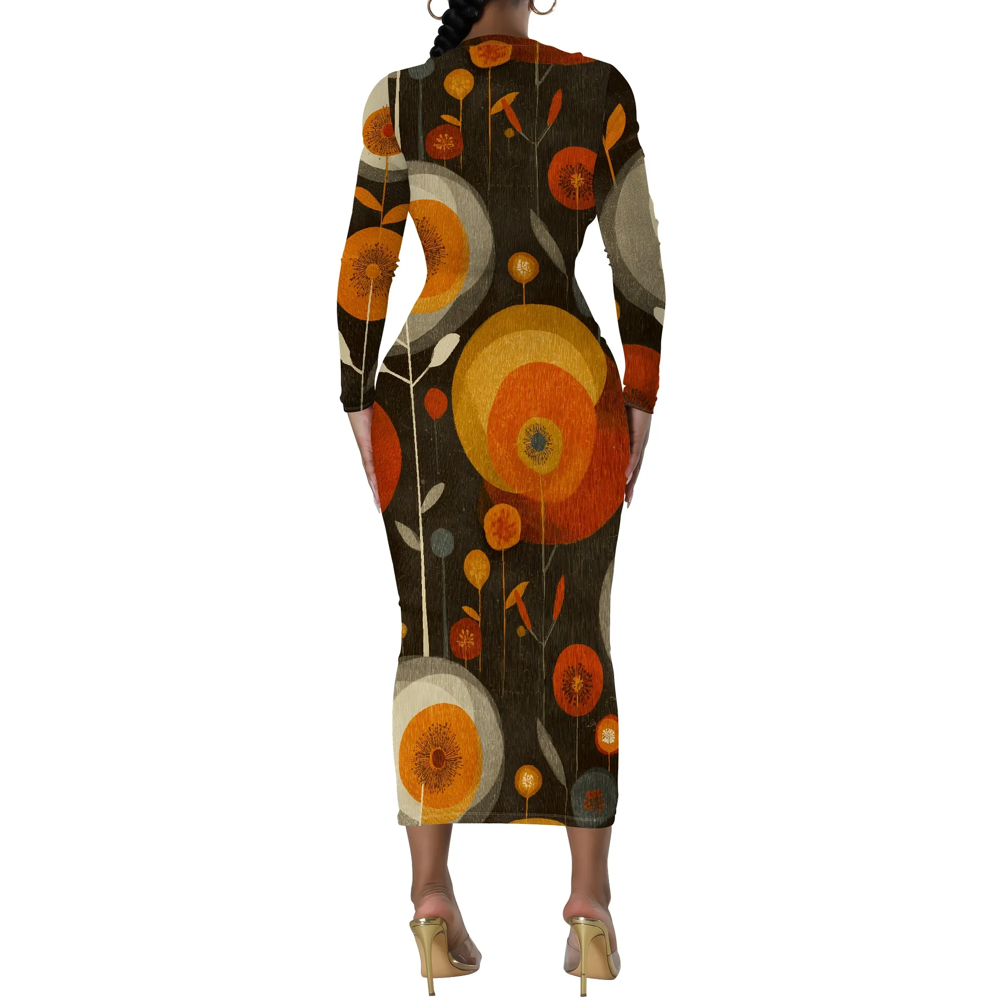 Retro Floral, Long Sleeve Bodycon Dress, Orange Abstract Print, Slim Fit Maxi Gown, Vintage Party Wear for Women, XS-2XL
