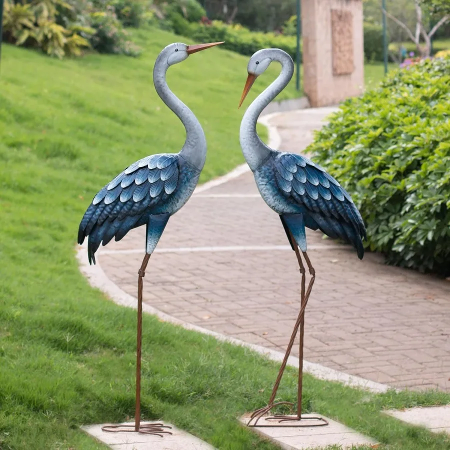 

Outdoor Blue Heron Statues Metal Garden Crane Sculptures Bird Yard Art Large 47-48 Inch Set of 2 for Pond and Lawn Garden Decor
