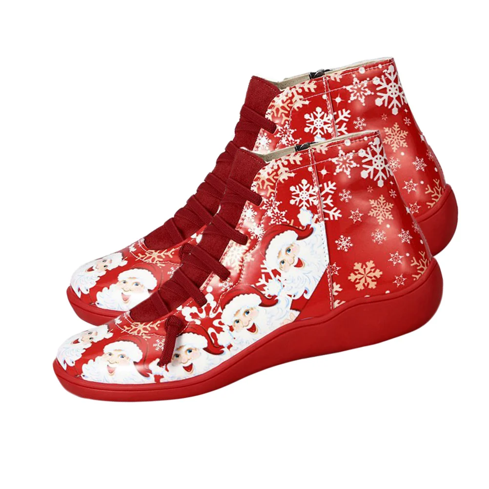 Santa Booties Xmas Short Boots Christmas Shoes Women Casual for Ankle Flat Artificial Pu Women's Girls