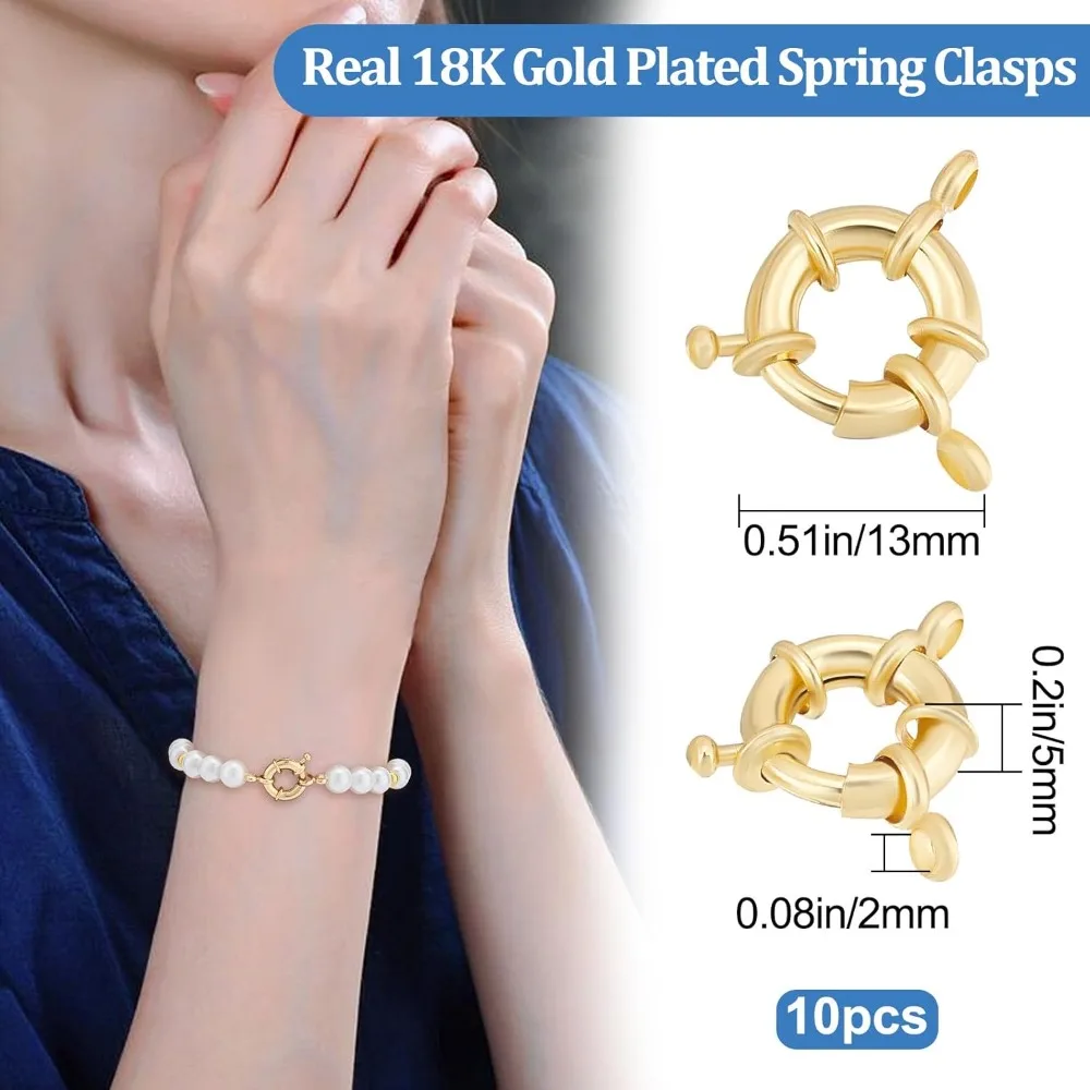 10Pcs Spring Ring Clasps 18K Gold Plated Closed Ring Clasps with 2 Holes 13mm in Diameter for DIY Jewelry Making making kit