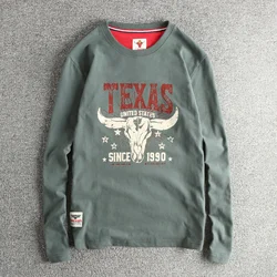 2026 Spring New American Retro Long-sleeved O-neck Letter Printed T-shirt Men's Fashion 100% Cotton Washed Casual Sport Tops