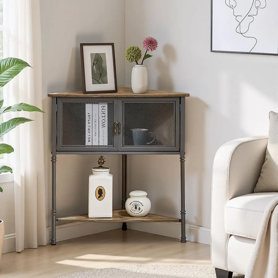 

3 Tier Corner Shelf,Corner Table with Mesh Door and OpenShelf,Corner Cabinet Stand,Metal Frame Organizer Display Storage Shelve