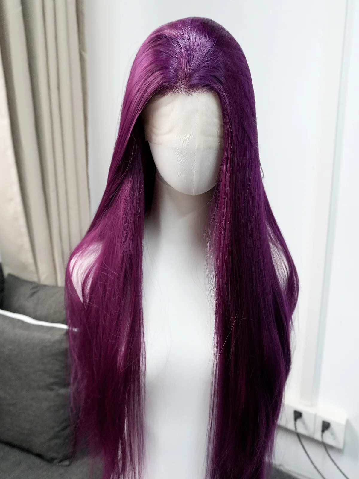 Plum Purple Long Straight Wig Bright Purple Synthetic Wig 13*4 Lace Front Wig 26 Inches Free Part Pre-Plucked Hairline Cosplay