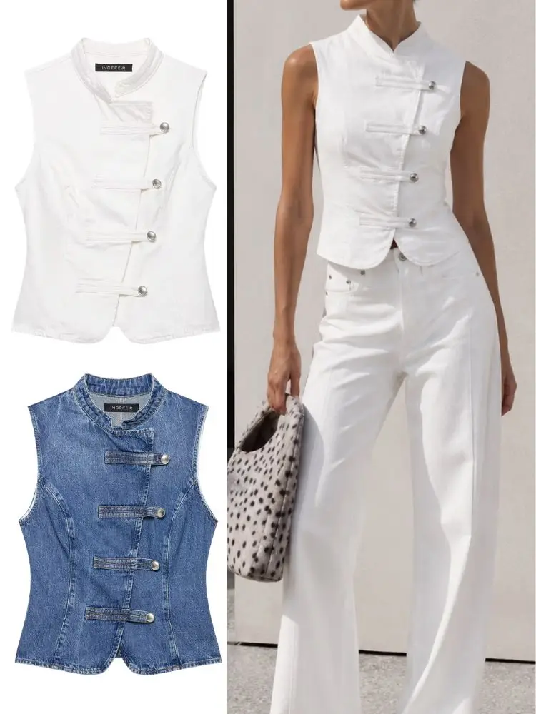 

HH 2026 Summer Fashion Sleeveless Denim Vest Women Vintage Solid Buttons Decoration Stand Collar Tops Female Street Waistcoat