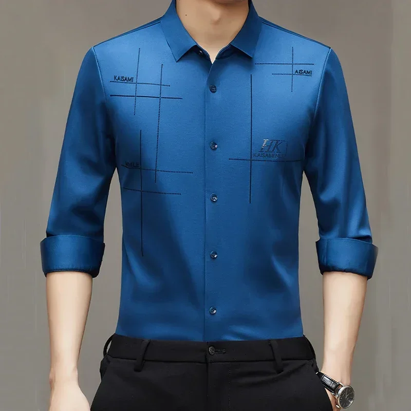 High elastic quality autumn men\'s long sleeved shirt new seamless shirt wrinkle resistant and ironless business dress shirt