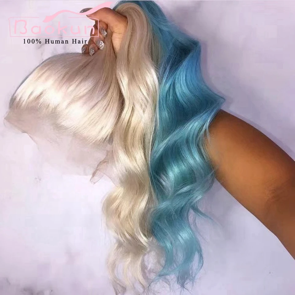 13x4 Half Blue Blonde 613 Human Hair Wig Pre Plucked Pink 360 Body Wave Lace Front Wig HD Glueless Human Hair Lace Frontal Wig