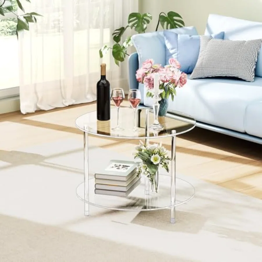 طاولة قهوة أكريليك مستديرة شفافة مع مساحة تخزين 23.6 لتر × 23.6 عرض × 18.4 ارتفاع 2 طبقة طاولات جانبية حديثة لوسيت للعيش R