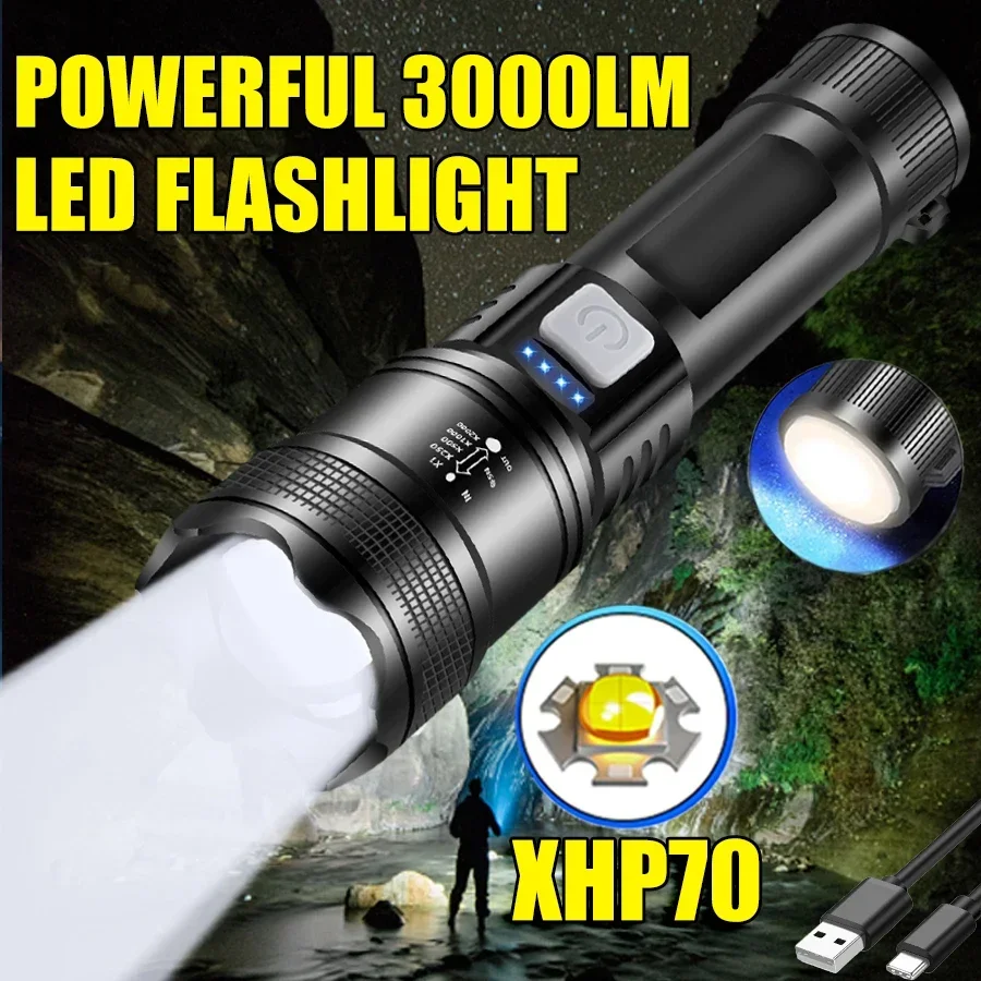 Portable XHP70 LED Flashlights Built in 26650Battery USB Rechargeable Zoom Torch With Tail Warm Light Outdoor Camping Lantern