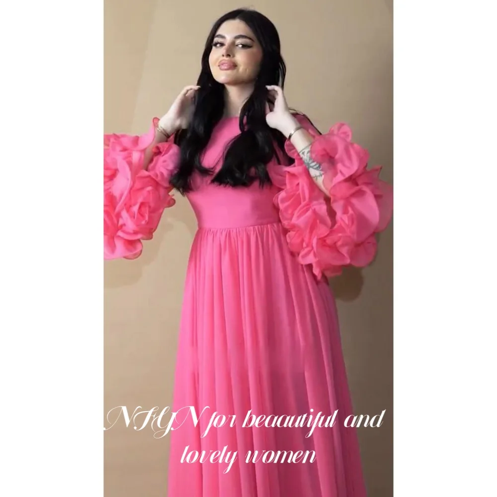 

NFYN Fuchsia Long Chiffion Evening Dresses O Neck Party Dress for Wedding Pleat Puffy Sleeves Special Occasion Dress Customized