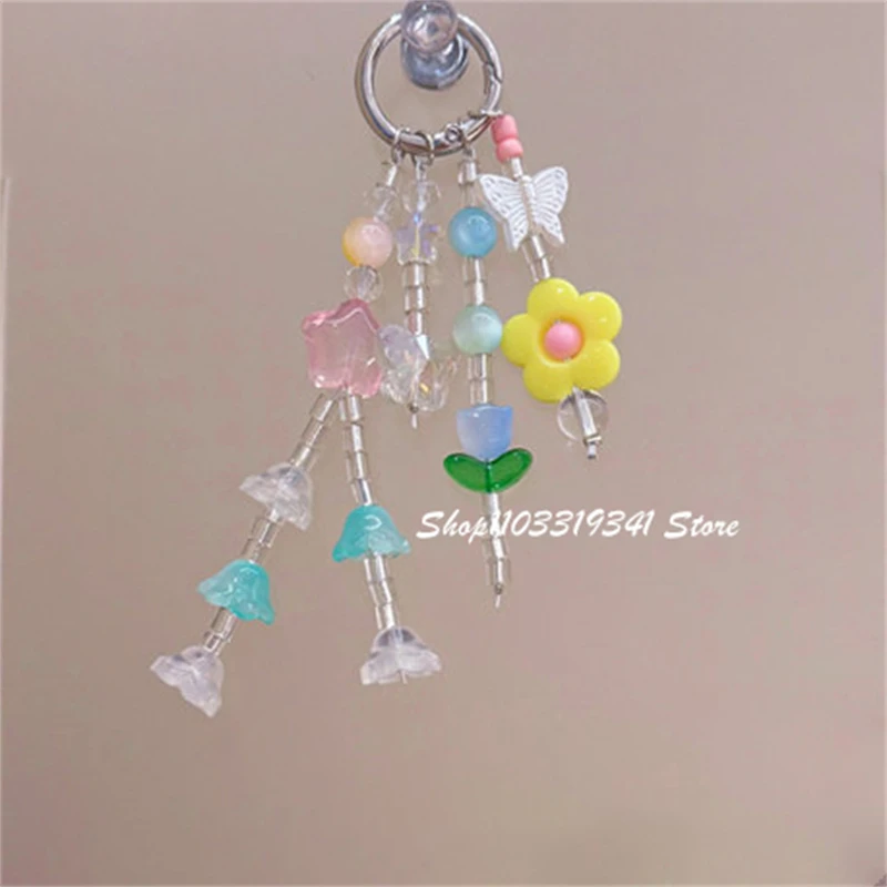 

Korean Cute Yellow Flower Clear Butterfly Pink Star Beaded Mobile Phone Charm Chain Lanyard Keychain Earphone Case Bag Pendant A