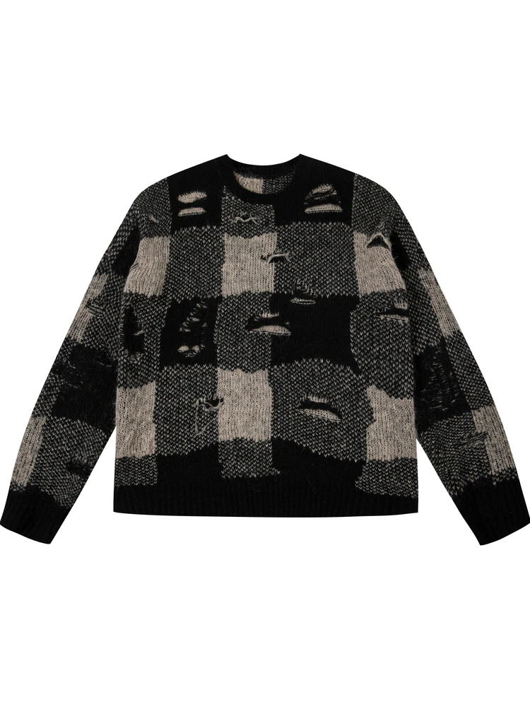

EPICURUS Autumn Winter Knitted Sweater Design Sense Stained Hole Splicing Retro Plaid Men's Soft Loose Fit Ci Walk Commute
