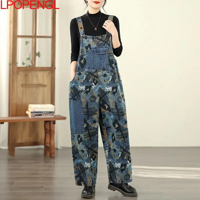 Personalized Retro Printed Jeans Temperament Pocket Fashion 2026 Women's Jumpsuit Casual Versatile Streetwear Straight Overalls