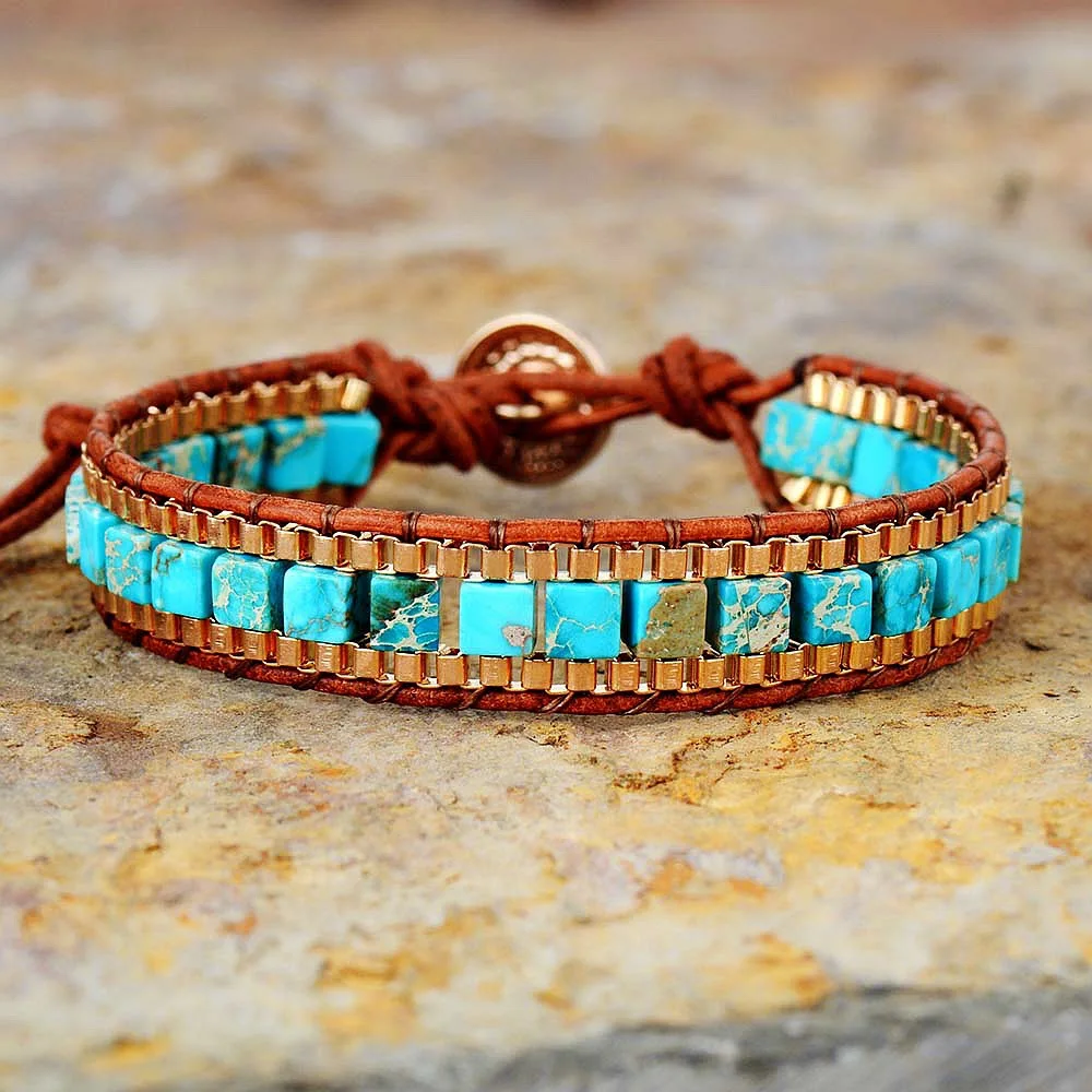 Square Emperor Stone Bracelet Confidence and Vitality Natural Imperial Stone Hand Woven Bracelet Leather Bracelet