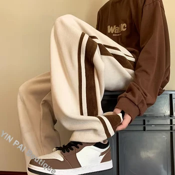 רחב עם פסים מכנסי טרנינג לגברים רגל ישרה מכנסיים אופנה היפ הופ Streetwear Harajuku מכנסיים מקרית מכנסי Y2K זכר בגדים