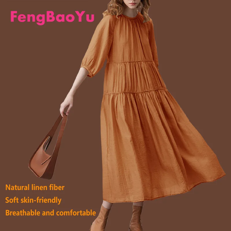 Fengbaoyu Original Flax Spring Summer Ladies Middle Sleeves Round Collar Dress Spliced Long Skirt Temperament Elegant Generous