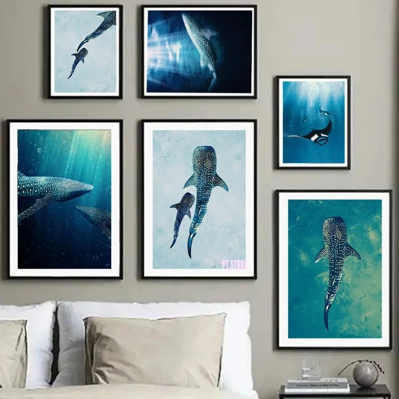 1PC frameless decorative art print,Sea Creatures Giant Whale Sharks Art Posters Animal Canvas Painting Nordic Murals Living Room