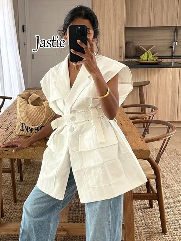 Jastie 2024 Summer Fashion Loose Cotton Women's Shirt Elegant Lapel Sleeveless Shirts Casual Classic Solid Top Female Clothing