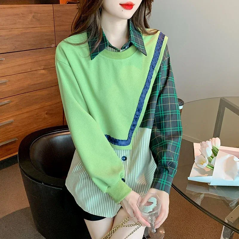 

Spring Autumn Streetwear Patchwork Trend Fashion Shirt Female Long Sleeve Loose Casual Blouse Women's Polo-neck Pullover Tops
