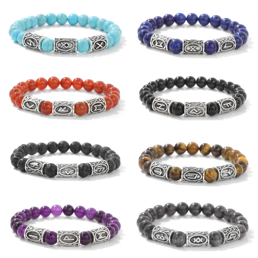 8mm Natural Stone Beaded Nracelet Vintage Viking Rune Bracelets Healing Reiki Energy Bracelet Men Women Elastic Bangle Jewelry